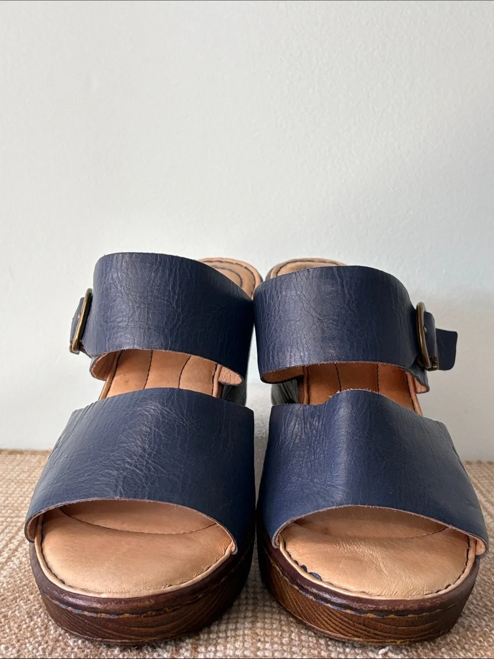 Born Navy Blue Leather Double-Strap Wedge Sandals; Adjustable buckles  Size-8